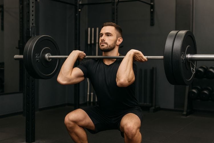 A man performing barbell front squat during a 35-minute advanced circuit workout in a modern gym.