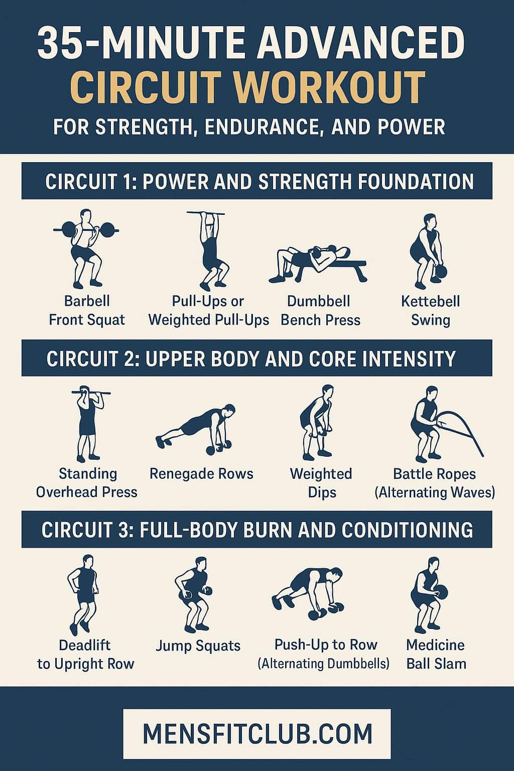 35-Minute Advanced Circuit Workout for Men” showing full-body strength, endurance, and power exercises MensFitClub.com 