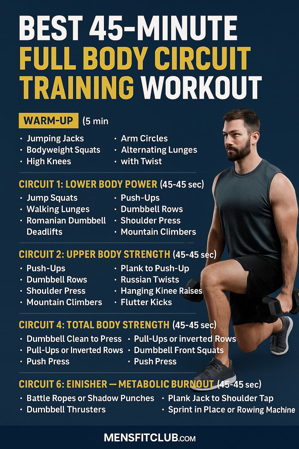 Best 45-Minute Full Body Circuit Training Workout for Men infographic from MensFitClub.com. Design lists warm-up and six workout circuits including jump squats, lunges, dumbbell rows, push-ups, kettlebell swings, and burpees. Features male model doing lunge exercise, highlighting total-body strength, endurance, and fat-burning benefits.