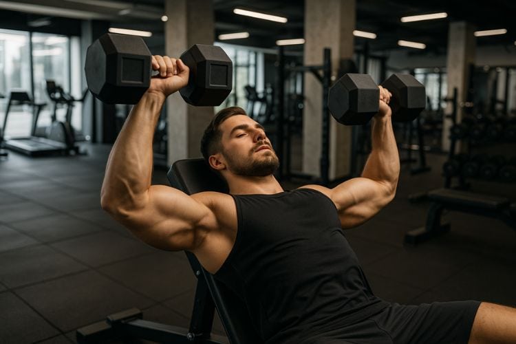 A man performing a full body circuit training workout with dumbbells and a bench.