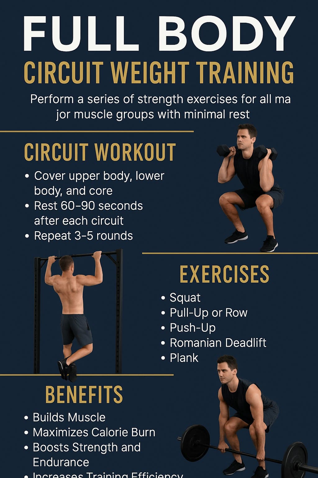 Full body circuit weight training infographic showing compound exercises for men