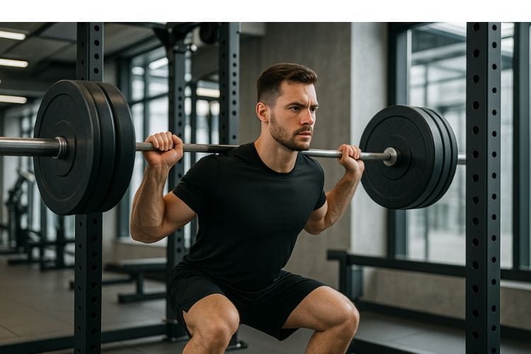 A man performing a barbell back squat for Compound lifts workout