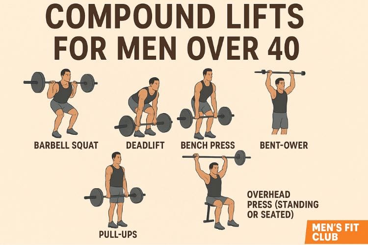 Infographic showing compound lifts for men over 40 including barbell squat, deadlift, bench press, bent-over row, pull-ups, and overhead press with MensFitClub 