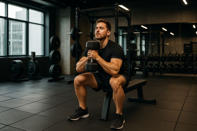 man doing dumbbell bench squat in a gym