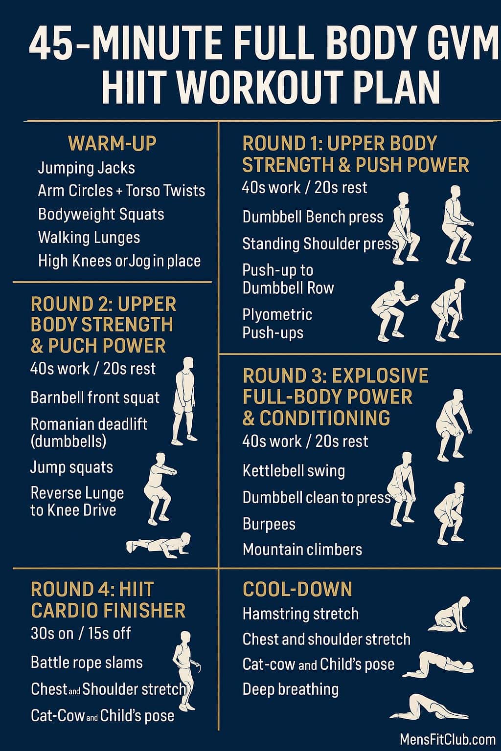 MensFitClub 45-Minute Full Body Gym HIIT Workout — complete 5-round gym circuit for men combining lower body strength, upper body power, explosive full-body conditioning, core training, and HIIT cardio finisher. Infographic featuring men performing gym exercises.