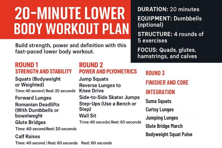 Infographic outlining the complete 20-minute lower body workout plan with exercises and timings.
