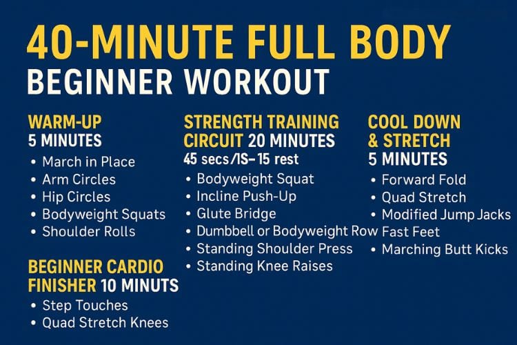 Infographic of the 40-minute full body beginner workout circuit