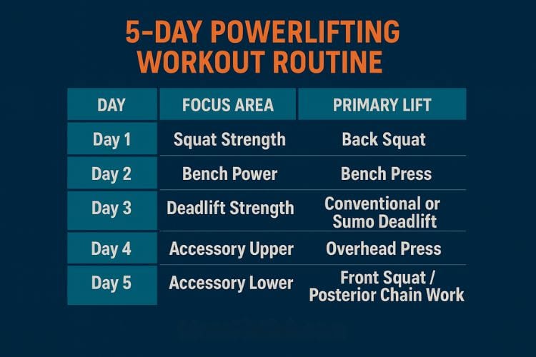 Visual weekly schedule for the 5-day powerlifting workout routine showing squat, bench, deadlift, and accessory days.