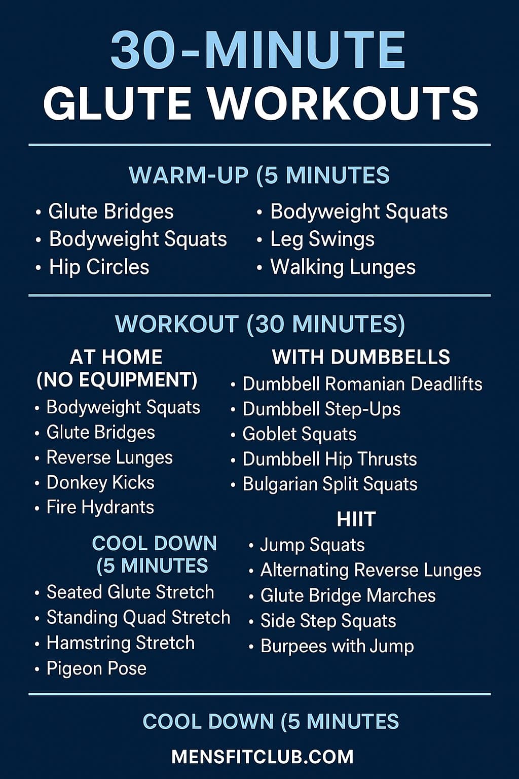 Infographic outlining the complete 30-minute glute workout routine with exercises and reps.