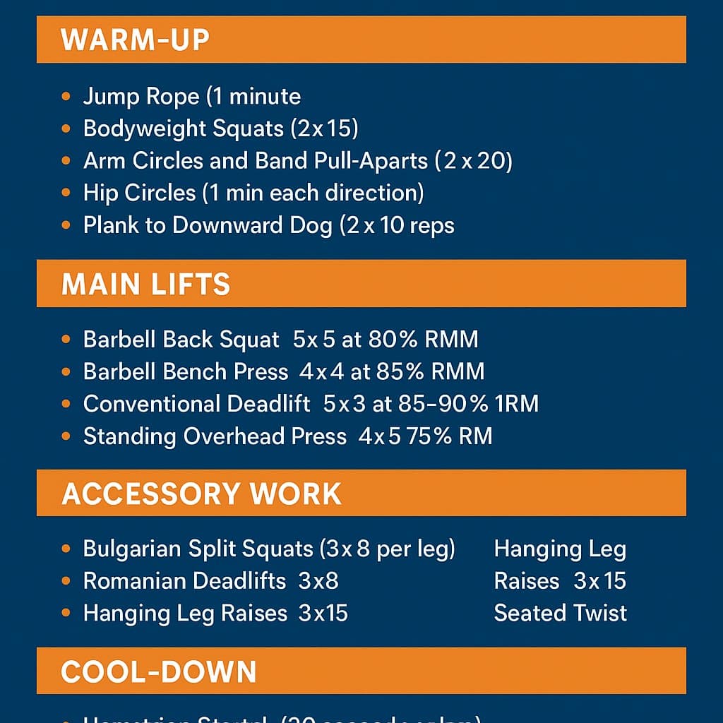 Infographic outlining the 45-minute powerlifting workout plan with exercises, sets, and reps.