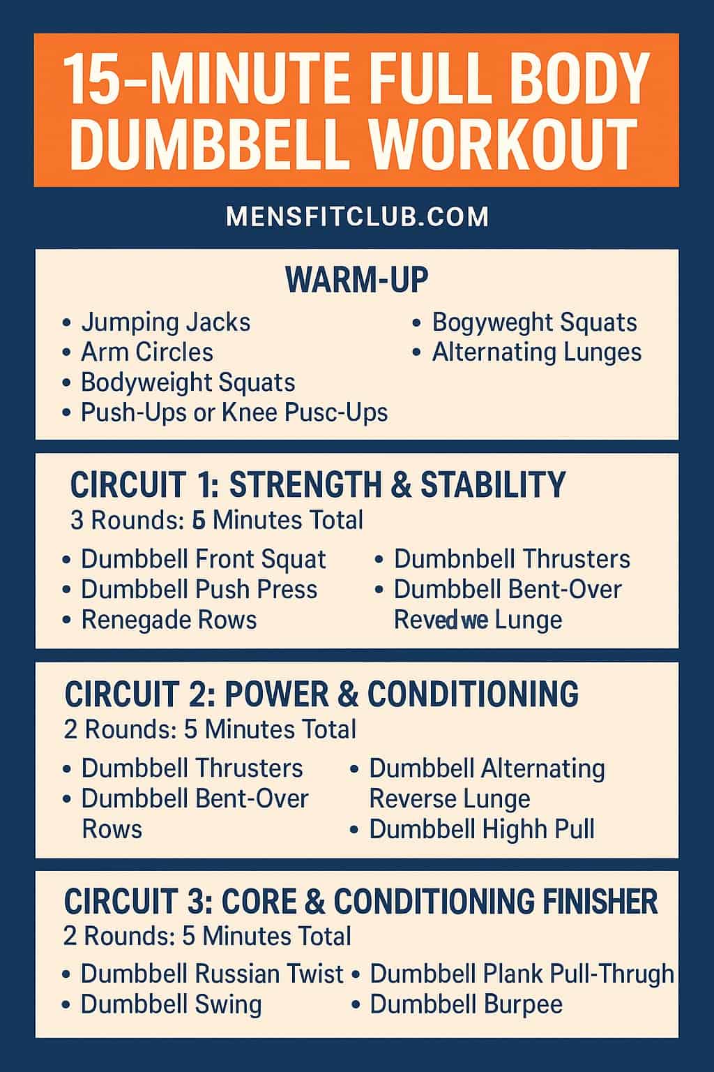 Infographic showing the complete 15-minute full body dumbbell workout circuit and rest periods.