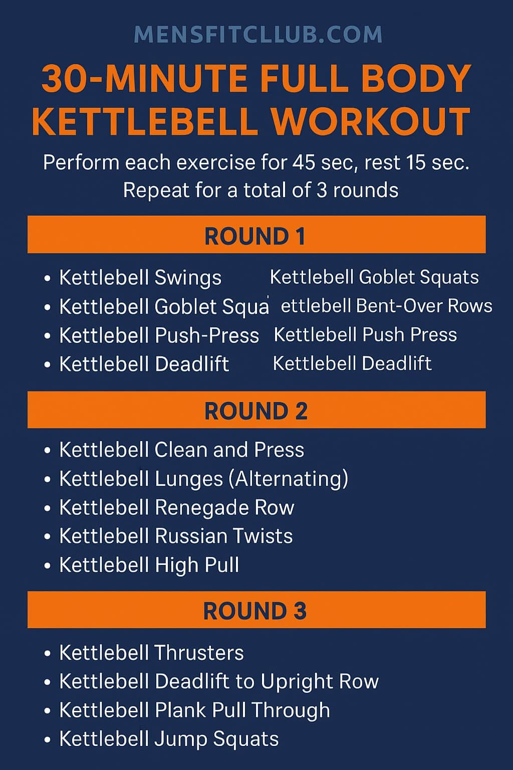 Infographic outlining the complete 30-minute full body kettlebell workout routine.