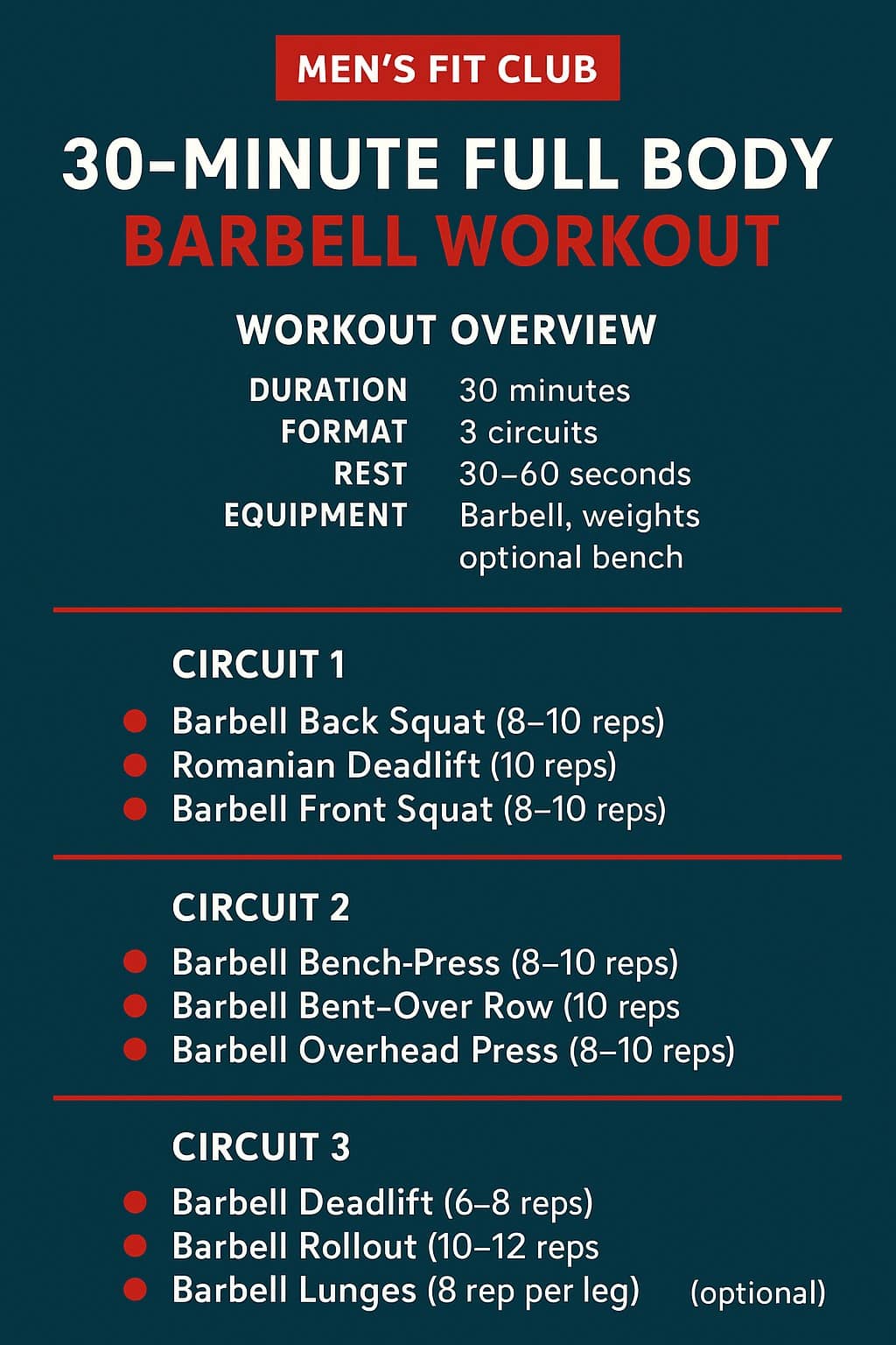 Printable 30-minute full body barbell workout circuit and rep scheme.