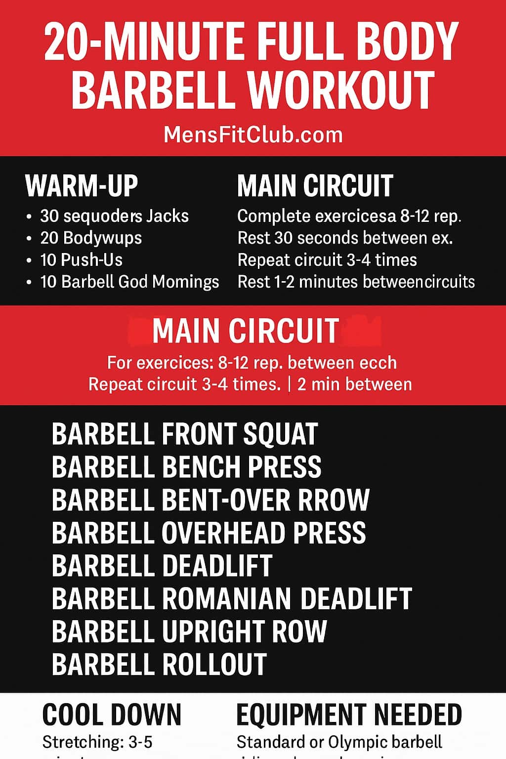 Infographic summarizing the 20-minute full body barbell workout circuit with exercises and timings.