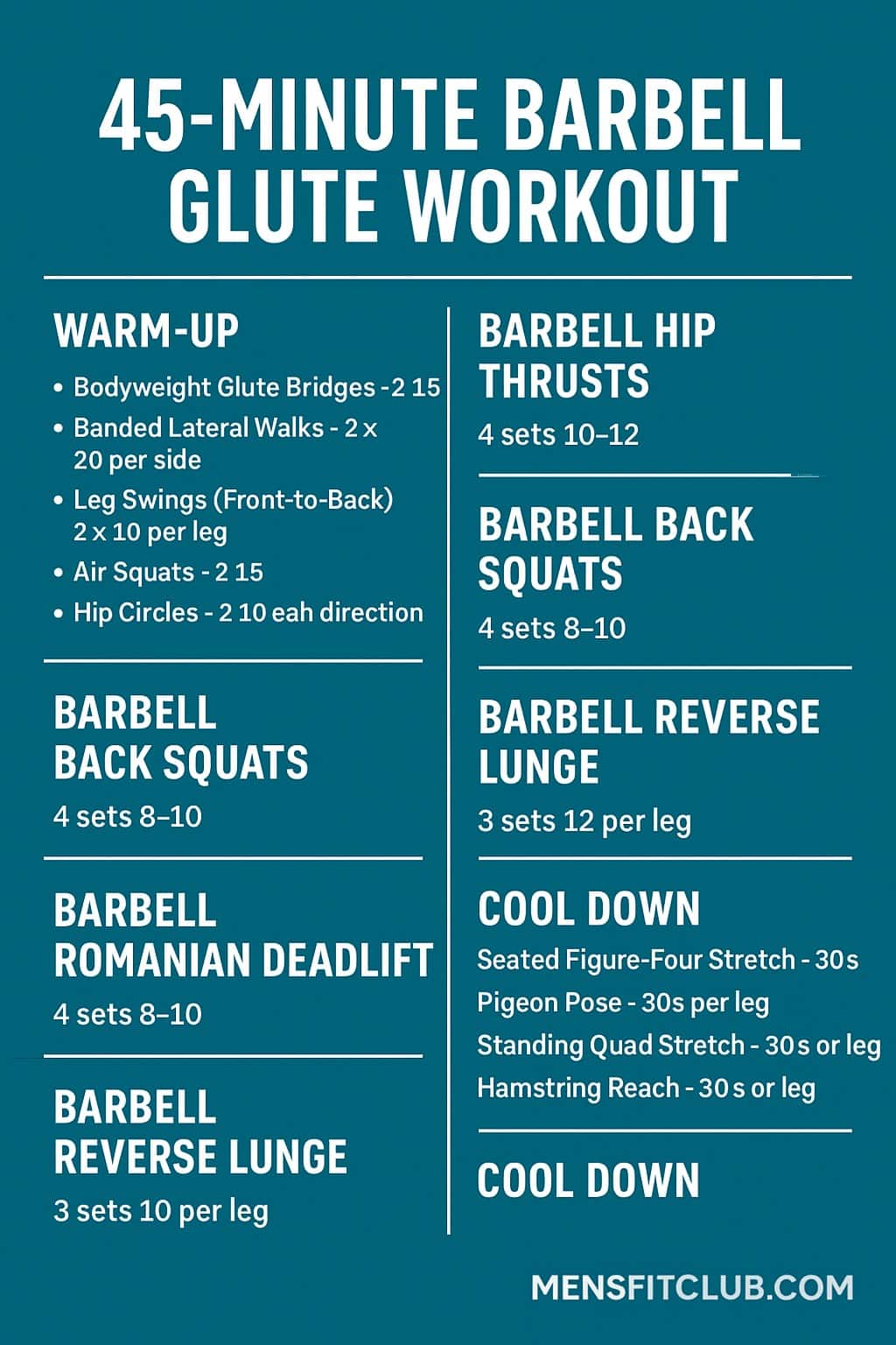 Infographic summarizing the 6 key exercises in the 45-minute barbell glute workout.