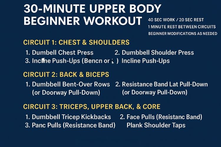 Step-by-step infographic for the complete 30-minute upper body beginner workout.