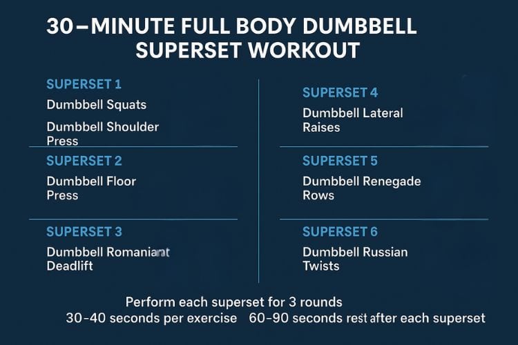 Infographic outlining the complete 30-minute full body dumbbell superset workout circuit for time-efficient training.