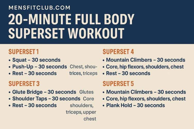 Infographic outlining the complete 20-minute full body superset workout circuit for strength and cardio