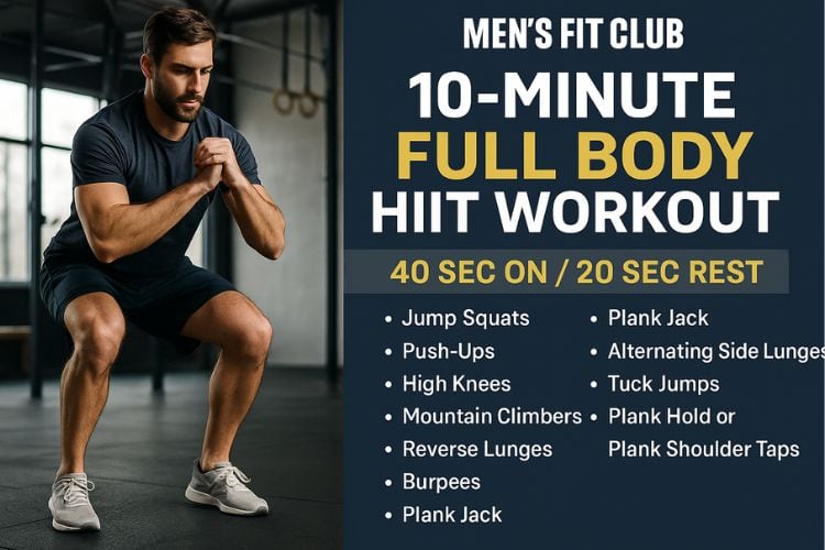 Person performing bodyweight squat in a 10-minute full body HIIT workout at gym.