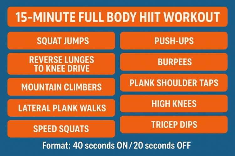 Infographic outlining the 15-minute full body HIIT workout circuit: exercises, intervals, and rest periods