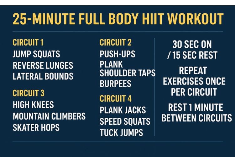 Infographic showing 40 seconds work, 20 seconds rest for a 25-minute full body HIIT workout.