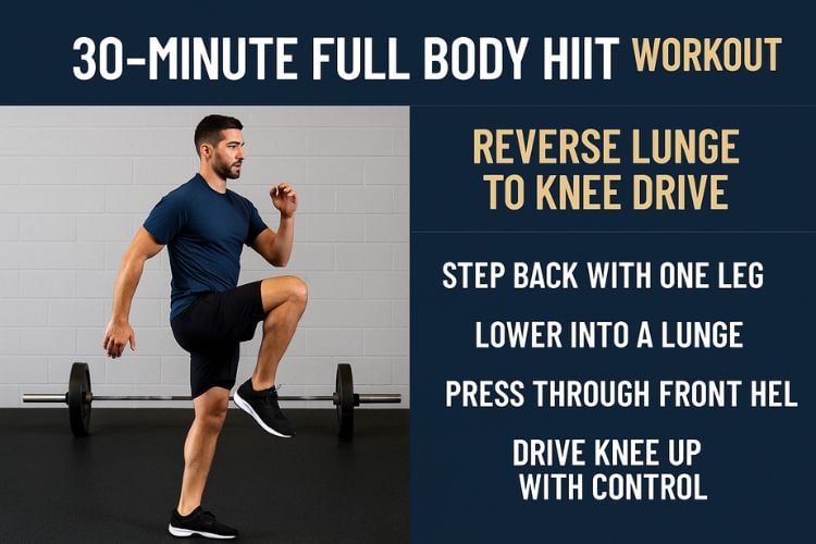 Man doing jump squat as part of a 30-minutes full body HIIT workout.