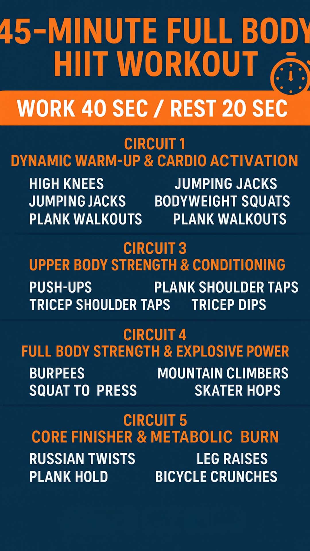 Infographic 45-Minute Full Body HIIT Workout Plan with intervals and workout exercises.