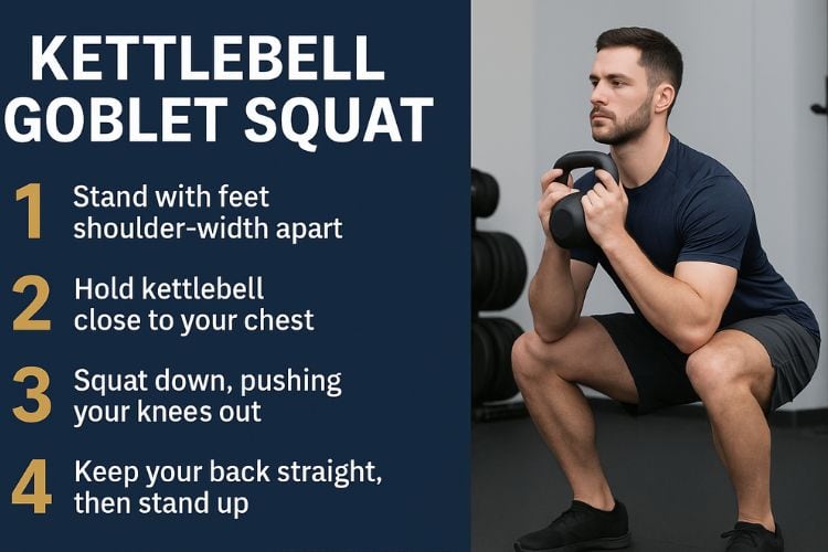 Man performing a goblet squat with a kettlebell to build leg and core strength for 45-minute full body kettlebell workout.