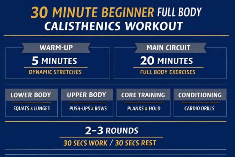 Infographic: 30-minute beginner calisthenics full-body workout circuit and rest periods.