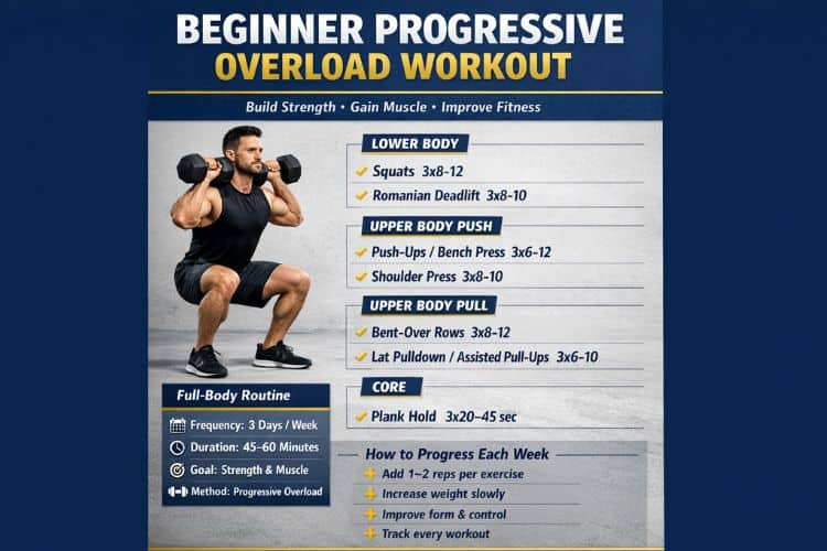 Infographic listing four beginner progressive overload workout methods: increase weight, increase reps, increase sets, improve form.