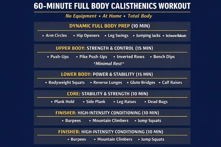 Visual flowchart of the 60-minute full body calisthenics workout structure: warm-up, circuits, cooldown.