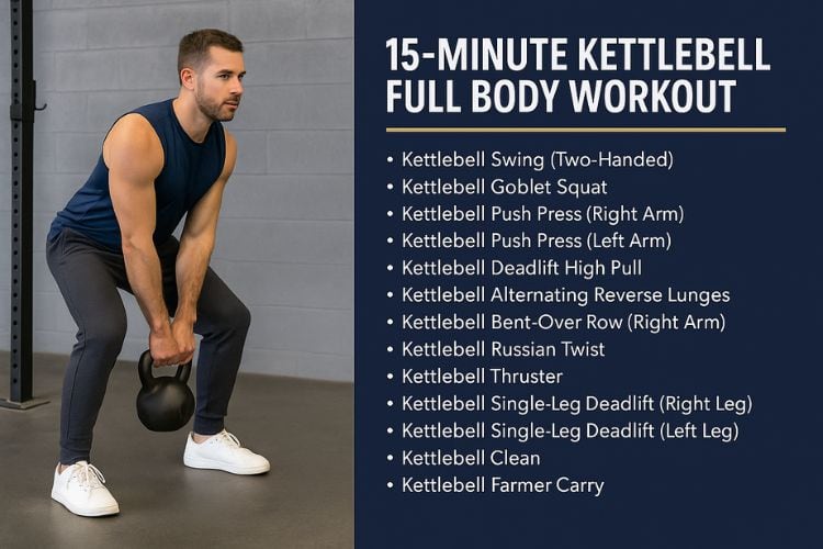 Illustrated guide to the 15 minute full body kettlebell workout with exercise list, reps, and rest periods