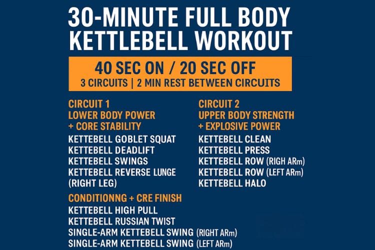 Infographic outlining the 30-minute full body kettlebell workout circuit with exercises, sets, and rest periods.
