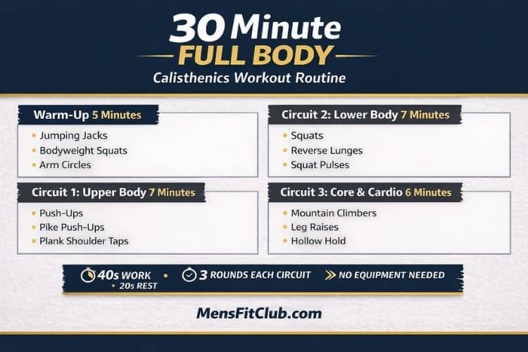 Infographic of the 30-minute full body calisthenics workout routine showing exercise flow and timings.
