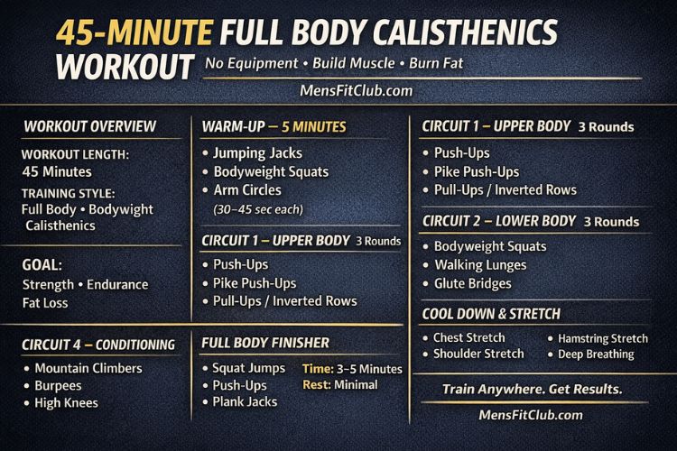 Infographic outlining the 45-minute calisthenics full body workout circuit, including exercises, sets, and rest periods.