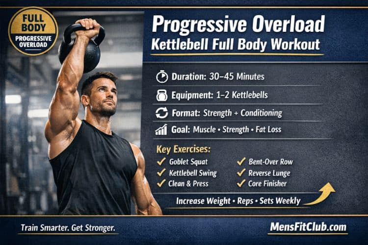 Progressive Overload Kettlebell Full Body Workout challenge Program Chart showing exercise, sets, reps, and load increases.
