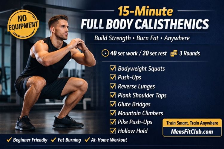 Infographic showing the structure of the 15-minute full body calisthenics workout circuit routine: exercises, sets, and rest periods.