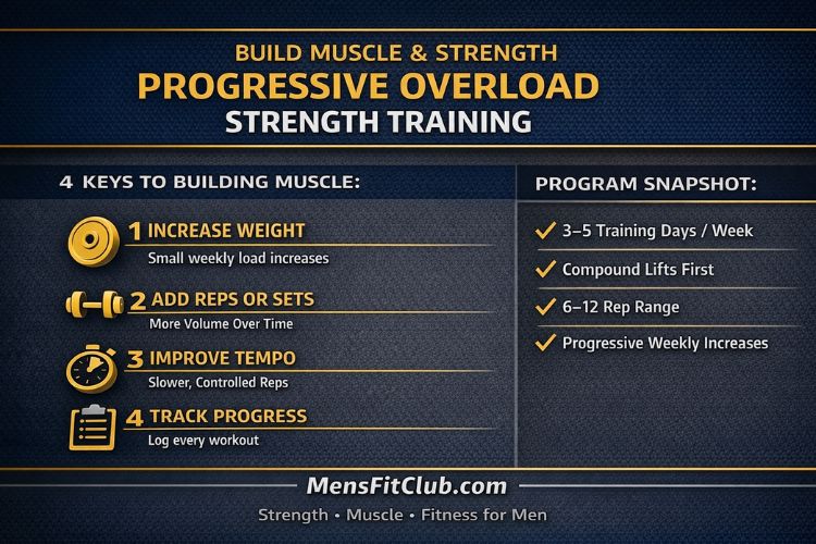 Progressive overload strength training program infographic showing four methods: increase weight, increase reps, increase sets, and reduce rest time
