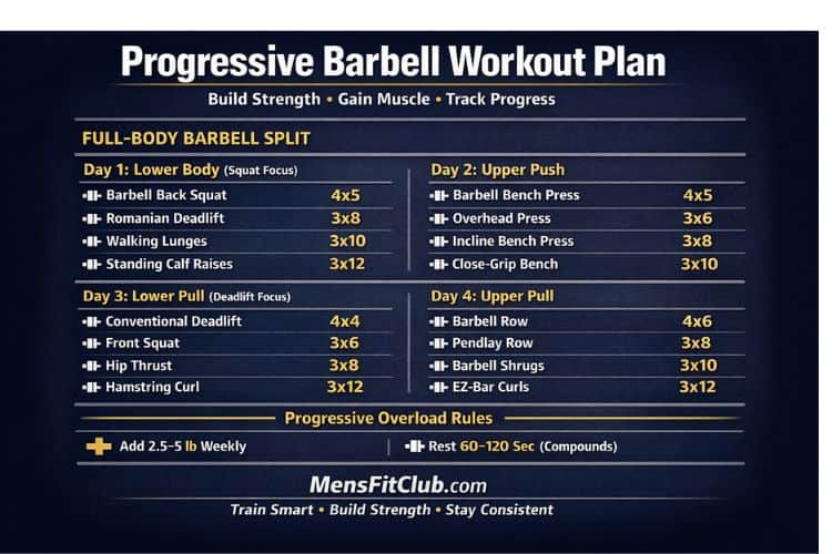 Visual barbell progression chart showing increasing weight and volume for squats, bench press, and deadlifts for progressive workout plan with barbell.
