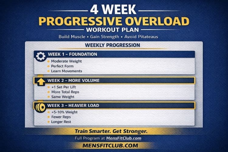Infographic of the 4-week progressive overload workout plan weekly schedule showing exercise split and progression