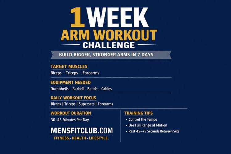 1 Week Arm Workout Challenge infographic showing 7 days of exercises.