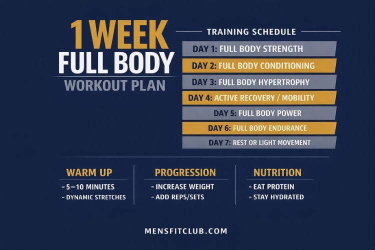 Visual infographic of the complete 1 week full body workout plan schedule with exercises for each day