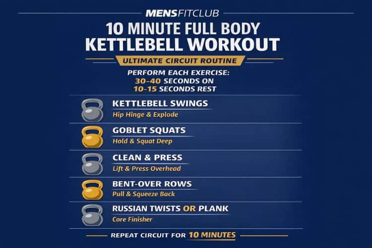 Infographic outlining 6-exercise 10 minute full body kettlebell workout circuit chart.