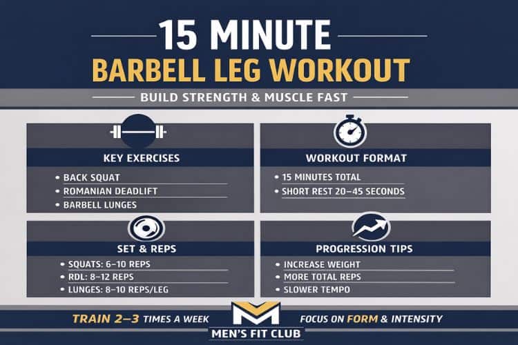 Printable infographic outlining the 15-minute barbell leg workout schedule, sets, and reps.