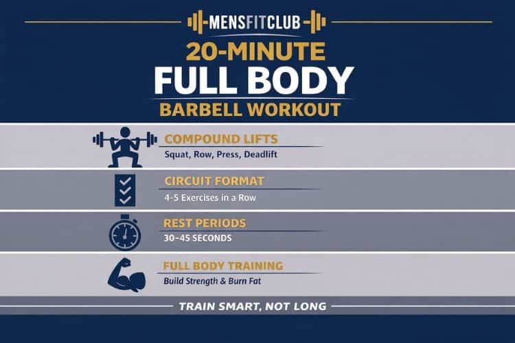 Infographic outlining the 20 minute full body barbell workout circuit, exercises, and reps.