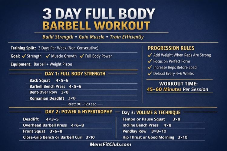 Infographic chart of the 3 day barbell workout split: Day 1, Day 2, Day 3 full body schedule.