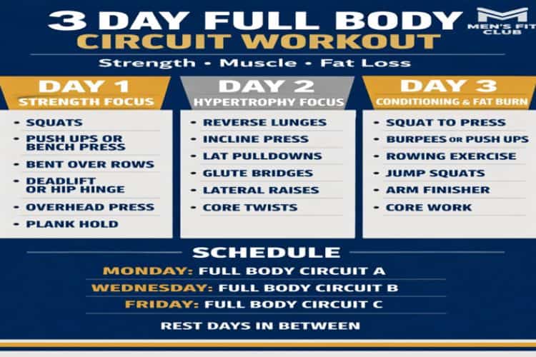 Infographic 3-day full body circuit workout log to track weights and reps.