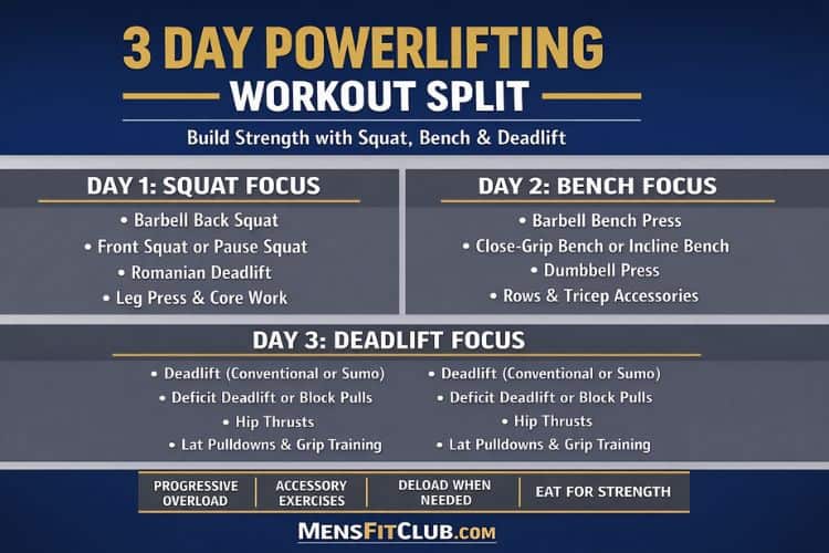 Visual chart of a 3-day powerlifting weekly split: Day 1 Squat focus, Day 2 Bench press focus, Day 3 Deadlift focus, with rest days in between.