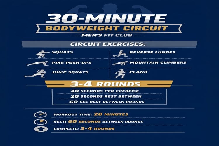 Infographic outlining The 30-Minute No-Equipment Bodyweight Circuit - Exercises, reps, and timer settings.