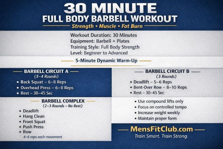 Infographic outlining the 30-minute full body barbell workout circuit and exercises.